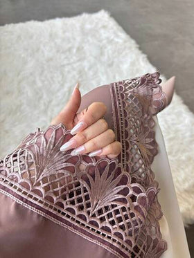 مجموعة ثوب نسائي، ثوب أمامي مفتوح مزين بالدانتيل مع وشاح شيفون - خفيف الوزن، كريم، قابل للتنفس، مناسب للربيع/الصيف، فستان حفلة أنيق باللون البني