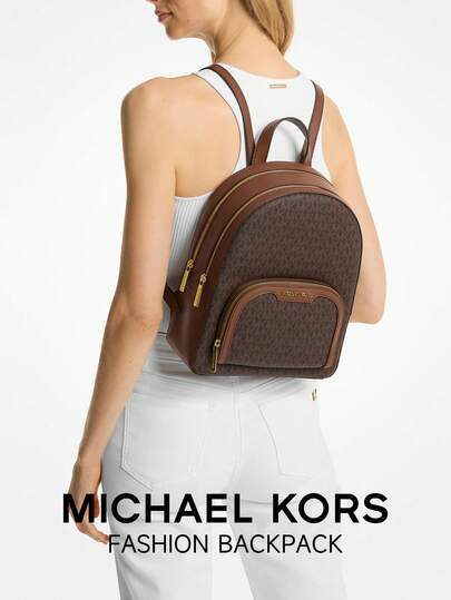 Michael Kors حقيبة ظهر Jaycee متوسطة الحجم ذات الشعار الأنيق للنساء، حقيبة ظهر جلدية للسفر والعمل، حقيبة كتف