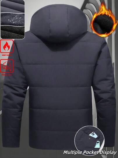 Manfinity Homme معطف شتوي للرجال بسحاب أمامي وجيوب، من قماش فليس ذو لون أحادي، مناسب للاستخدام اليومي والخارجي، بأكمام طويلة، مبطن بطبقة حرارية