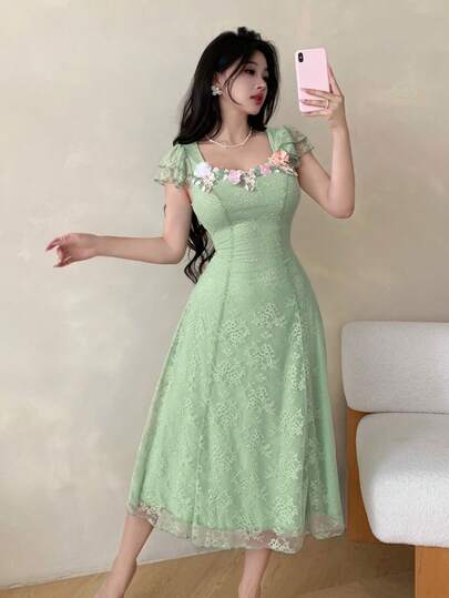 Modelyn فستان صيفي نسائي مزين بتطريز أزهار ثلاثي الأبعاد، و تقطيعات من الدانتيل