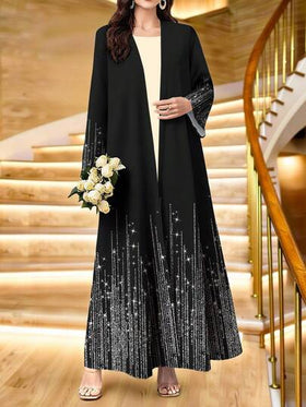 SHEIN Najma عبايات كارديجان نسائي طويل الأكمام مفتوح الأمام بطبعة رقمية ذات نمط مخطط منسوج لامع، للربيع والخريف