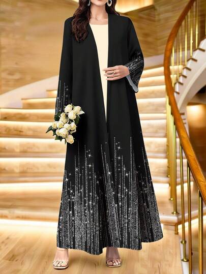 SHEIN Najma عبايات كارديجان نسائي طويل الأكمام مفتوح الأمام بطبعة رقمية ذات نمط مخطط منسوج لامع، للربيع والخريف