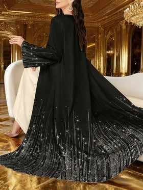 SHEIN Najma عبايات كارديجان نسائي طويل الأكمام مفتوح الأمام بطبعة رقمية ذات نمط مخطط منسوج لامع، للربيع والخريف
