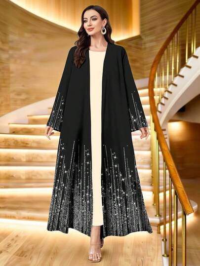 SHEIN Najma عبايات كارديجان نسائي طويل الأكمام مفتوح الأمام بطبعة رقمية ذات نمط مخطط منسوج لامع، للربيع والخريف
