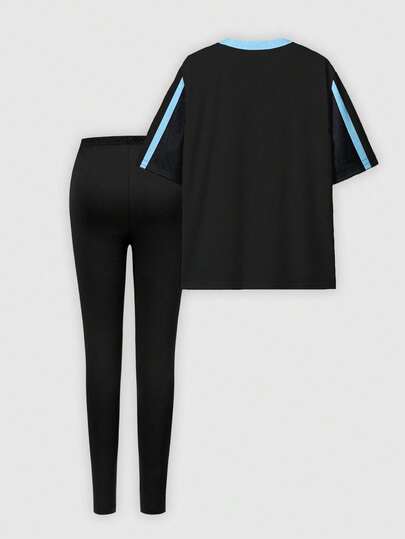 SHEIN طقم ملابس علوية كاجوال قصيرة الأكمام مع طباعة رقم 23 وشعار، وسروال ضيق قطعتين، طراز رياضي للشارع