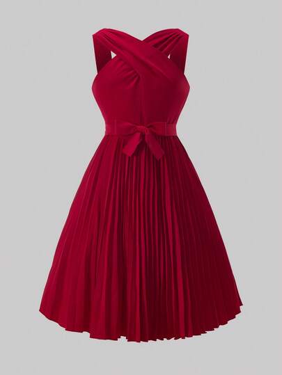 SHEIN رمضان فستان أنيق للبنات بتصميم مضفر على الرقبة وطيات على الذيل، مناسب للارتداء اليومي والحفلات والمناسبات الرسمية، باللون الأحمر