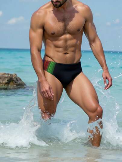 Manfinity Swimmode شورت سباحة مثلث مرن ملون لرجال الصيف والشاطئ