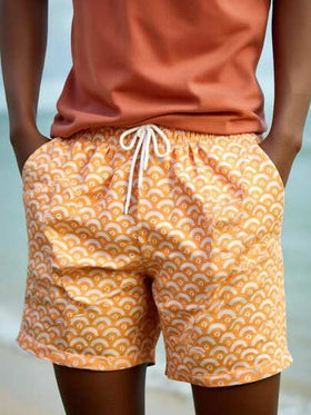 Manfinity Swimmode شورت شاطئ للرجال مطبوع بالكامل مع خصر رباط وجيب مائل، مناسب للصيف