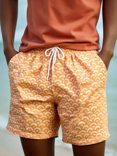 Manfinity Swimmode شورت شاطئ للرجال مطبوع بالكامل مع خصر رباط وجيب مائل، مناسب للصيف