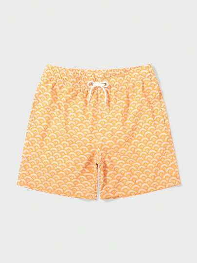 Manfinity Swimmode شورت شاطئ للرجال مطبوع بالكامل مع خصر رباط وجيب مائل، مناسب للصيف