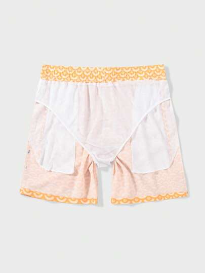Manfinity Swimmode شورت شاطئ للرجال مطبوع بالكامل مع خصر رباط وجيب مائل، مناسب للصيف