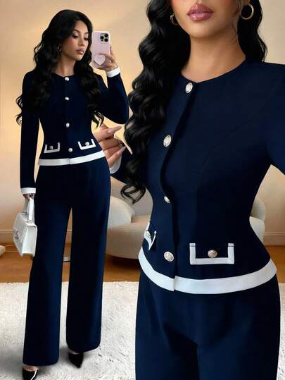 Elenzga مجموعة قطعتين جديدة أنيقة باللونين الأسود والأبيض لخريف/شتاء 2025 للنساء
