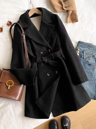 SHEIN معطف صوفي سميك عصري للمراهقات بياقة عتيقة، أزرار مزدوجة، أكمام طويلة، حزام خصر قابل للتعديل، مناسب للخريف/الشتاء، دافئ، للخارج، كاجوال، المنزل، السفر
