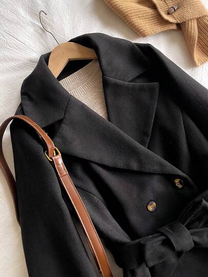 SHEIN معطف صوفي سميك عصري للمراهقات بياقة عتيقة، أزرار مزدوجة، أكمام طويلة، حزام خصر قابل للتعديل، مناسب للخريف/الشتاء، دافئ، للخارج، كاجوال، المنزل، السفر