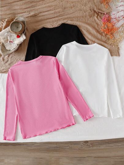 Sparklyn 3 قطع/طقم تيشيرتات بناتية مضلعة محبوكة، موضة كاجوال جميلة متعددة الألوان