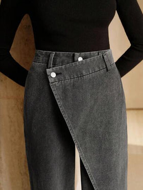 Anewsta جينز أسود غير متماثل التصميم للنساء