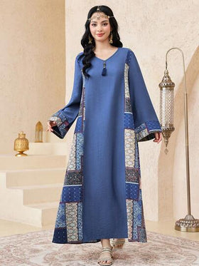 SHEIN فستان كاجوال أزرق للمراهقات بياقة على شكل حرف V وأكمام طويلة، فستان بياقة على شكل حرف V فضفاض بطراز عربي، فستان بناتي للربيع والخريف، للارتداء اليومي، فستان جلابية عربي