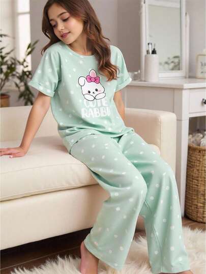 SHEIN مجموعة بنطلون وبلوزة قصيرة الأكمام بطبعة نقاط وأرنب لطيف للبنات، بيجامات مريحة وكاجوال قطعتان