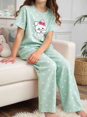 SHEIN مجموعة بنطلون وبلوزة قصيرة الأكمام بطبعة نقاط وأرنب لطيف للبنات، بيجامات مريحة وكاجوال قطعتان