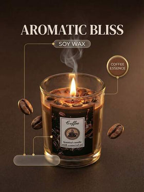 شمعة بعطر القهوة، مزخرفة بنسيج حبوب القهوة، رائحة محمصة غنية، شمع صويا طبيعي، وعاء زجاجي، تنشط الصباح، تنعش العقل، ديكور مكتبي على طراز المقهى