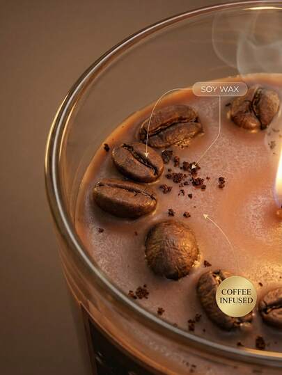 شمعة بعطر القهوة، مزخرفة بنسيج حبوب القهوة، رائحة محمصة غنية، شمع صويا طبيعي، وعاء زجاجي، تنشط الصباح، تنعش العقل، ديكور مكتبي على طراز المقهى