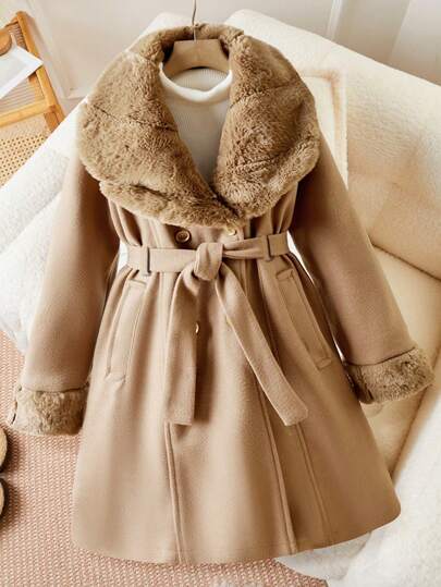 SHEIN معطف أنيق للفتيات الصغيرات مع تشطيب من الفرو، خصر مربوط، قصة ضيقة، طول طويل، مناسب للتنقل والخارج، قماش جاكار فاخر، ملابس خارجية عالية الجودة