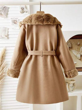SHEIN معطف أنيق للفتيات الصغيرات مع تشطيب من الفرو، خصر مربوط، قصة ضيقة، طول طويل، مناسب للتنقل والخارج، قماش جاكار فاخر، ملابس خارجية عالية الجودة