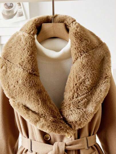SHEIN معطف أنيق للفتيات الصغيرات مع تشطيب من الفرو، خصر مربوط، قصة ضيقة، طول طويل، مناسب للتنقل والخارج، قماش جاكار فاخر، ملابس خارجية عالية الجودة