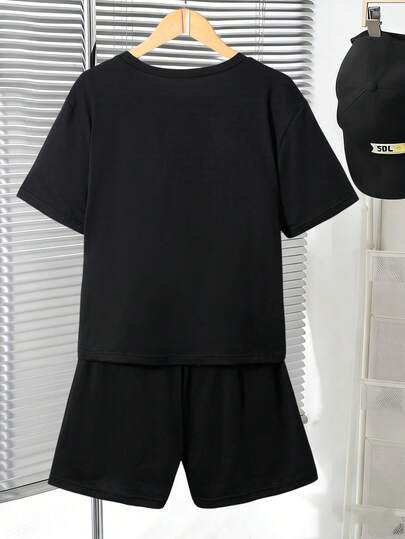 SHEIN Vacaura مجموعة ملابس علوية وشورت قصير الأكمام بياقة طاقم للمراهقين الكاجوال، صيفي