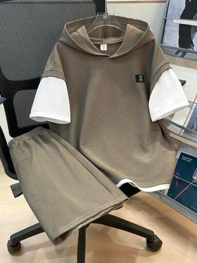 SHEIN مجموعة قطعتين لأطفال/مراهقين من الأولاد، تتكون من هوديي بألوان متباينة وقصير بلون سادة، ملابس يومية مريحة