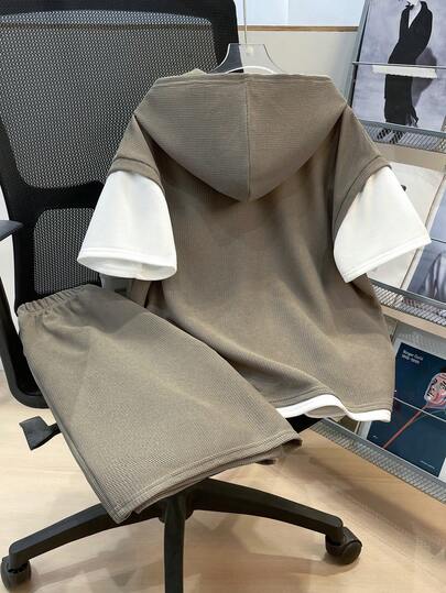 SHEIN مجموعة قطعتين لأطفال/مراهقين من الأولاد، تتكون من هوديي بألوان متباينة وقصير بلون سادة، ملابس يومية مريحة