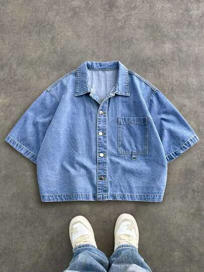 Manfinity Unisex جاكيت جينز بأكمام قصيرة وأزرار بتصميم بسيط وأنيق للرجال