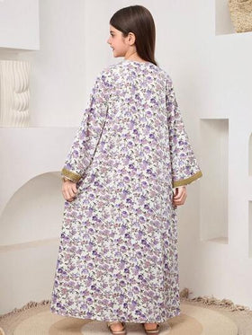 SHEIN فستان كاجوال طويل فضفاض للبنات المراهقات مطبوع بنقوش زهور بياقة على شكل حرف V، بتطريز معدني، فستان أرابي بسيط بأكمام طويلة، محتشم