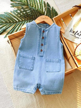 SHEIN Vintaside Kids جمبسوت صيفية كاجوال يومية للأطفال الصبيان بطراز كلاسيكي جامعي، بأزرار أمامية نصفية، جيوب قصاصات، بدون أكمام، فضفاضة