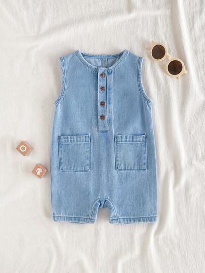 SHEIN Vintaside Kids جمبسوت صيفية كاجوال يومية للأطفال الصبيان بطراز كلاسيكي جامعي، بأزرار أمامية نصفية، جيوب قصاصات، بدون أكمام، فضفاضة