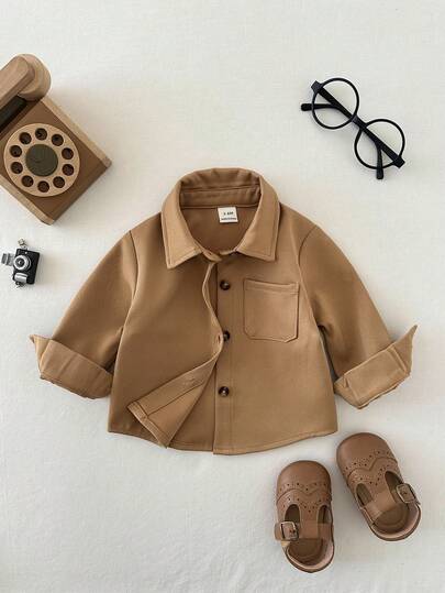 SHEIN 3 قطع/مجموعة قمصان كاجوال للأولاد الرضع بياقة منحرفة وأزرار أمامية وجيب على الصدر وأكمام طويلة