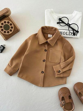 SHEIN 3 قطع/مجموعة قمصان كاجوال للأولاد الرضع بياقة منحرفة وأزرار أمامية وجيب على الصدر وأكمام طويلة