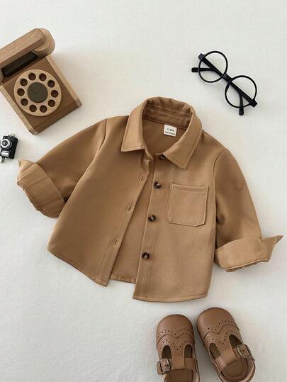 SHEIN 3 قطع/مجموعة قمصان كاجوال للأولاد الرضع بياقة منحرفة وأزرار أمامية وجيب على الصدر وأكمام طويلة