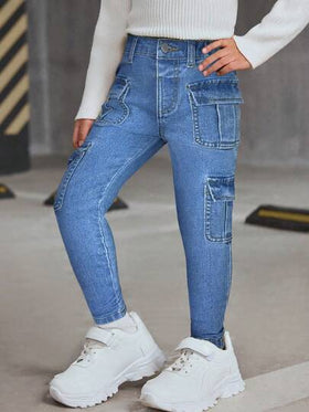 SHEIN بنطلون جينز مطاطي بخصر عالي وجيوب للبنات الصغيرات، بنطلون كاجوال للبنات للربيع والصيف للعطلات والأجواء البوهيمية، ملابس شاطئية للبنات الصغيرات، ملابس شارع غربية للبنات