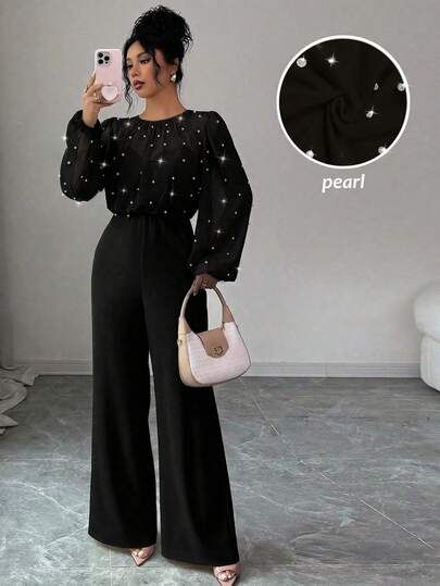 SHEIN Elenzya جمبسوت طويلة الأكمام للنساء بياقة مستديرة، مزينة بالخرز الأنيق والرومانسي، مصنوعة من قماش مرقع الخصر محكم الربط