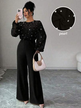 SHEIN Elenzya جمبسوت طويلة الأكمام للنساء بياقة مستديرة، مزينة بالخرز الأنيق والرومانسي، مصنوعة من قماش مرقع الخصر محكم الربط