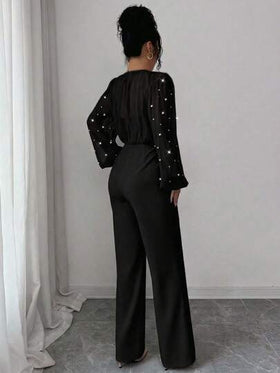 SHEIN Elenzya جمبسوت طويلة الأكمام للنساء بياقة مستديرة، مزينة بالخرز الأنيق والرومانسي، مصنوعة من قماش مرقع الخصر محكم الربط