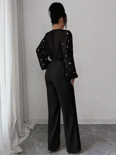SHEIN Elenzya جمبسوت طويلة الأكمام للنساء بياقة مستديرة، مزينة بالخرز الأنيق والرومانسي، مصنوعة من قماش مرقع الخصر محكم الربط