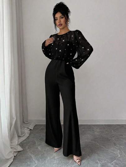 SHEIN Elenzya جمبسوت طويلة الأكمام للنساء بياقة مستديرة، مزينة بالخرز الأنيق والرومانسي، مصنوعة من قماش مرقع الخصر محكم الربط