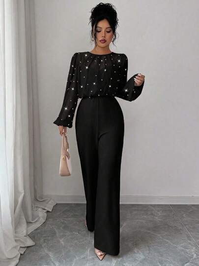 SHEIN Elenzya جمبسوت طويلة الأكمام للنساء بياقة مستديرة، مزينة بالخرز الأنيق والرومانسي، مصنوعة من قماش مرقع الخصر محكم الربط