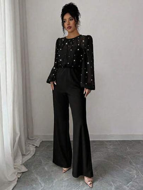 SHEIN Elenzya جمبسوت طويلة الأكمام للنساء بياقة مستديرة، مزينة بالخرز الأنيق والرومانسي، مصنوعة من قماش مرقع الخصر محكم الربط