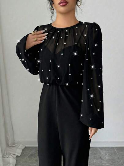 SHEIN Elenzya جمبسوت طويلة الأكمام للنساء بياقة مستديرة، مزينة بالخرز الأنيق والرومانسي، مصنوعة من قماش مرقع الخصر محكم الربط