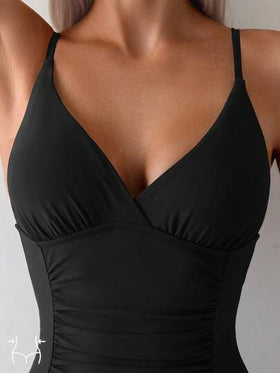 Swim Basics قطعة واحدة بدلة سباحة أنثوية بلون واحد مطوي لموسم الصيف