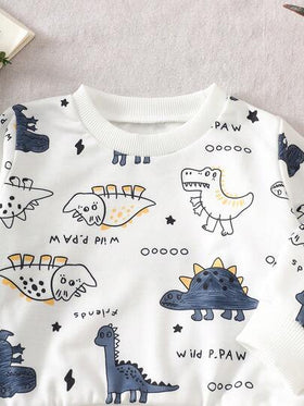 SHEIN Playful Pals مجموعة ملابس علوية بياقة مستديرة بطبعة ديناصور وبنطلون أخضر سادة للأطفال الصبيان، مناسبة للعب في الخارج والملابس الكاجوال والرياضية، للربيع والخريف