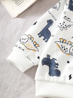 SHEIN Playful Pals مجموعة ملابس علوية بياقة مستديرة بطبعة ديناصور وبنطلون أخضر سادة للأطفال الصبيان، مناسبة للعب في الخارج والملابس الكاجوال والرياضية، للربيع والخريف